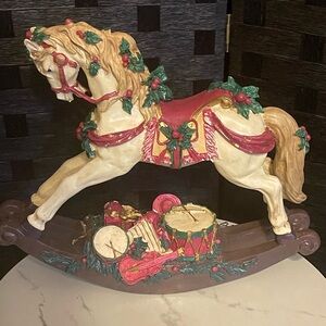 Vtg 1990 Christmas Victorian Rocking Horse Fireplace Mantel Decor Music Read